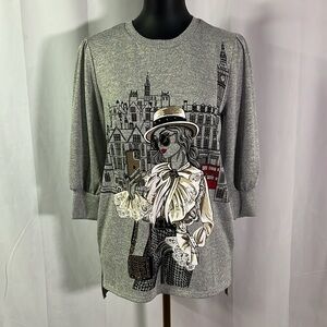 Love & Lace Gray London Selfie Print Puff Sleeve Pullover Sweater